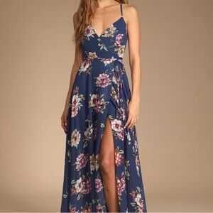 Lulus Always There For Me Navy Blue‎ Floral Print Wrap Maxi Dress